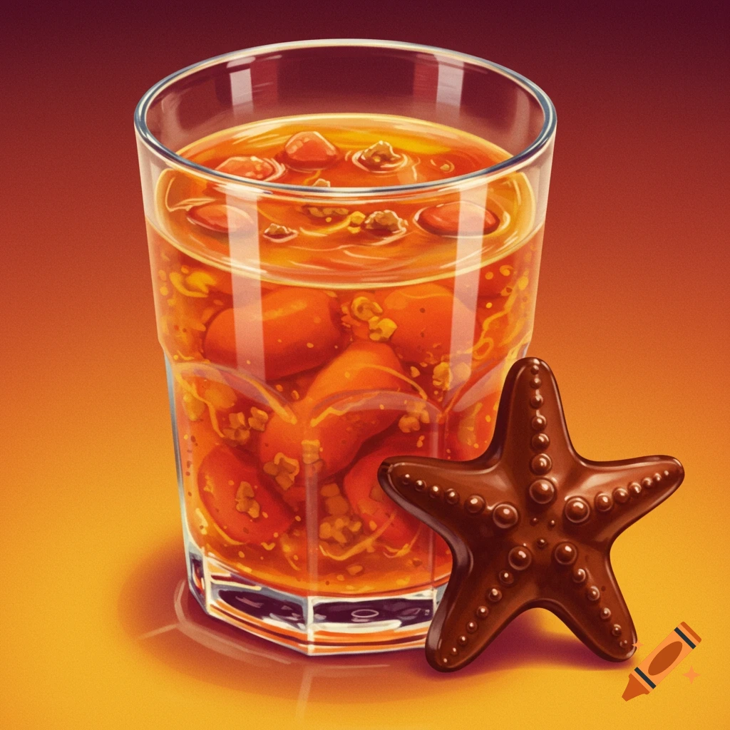 A glass of hot dog flavored water with hot dogs inside, next to a chocolate starfish. Digital illustration.