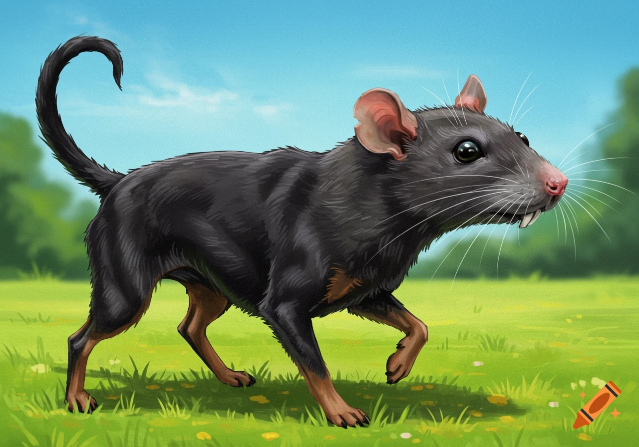 Rat-dog hybrid walking in a grassy field.