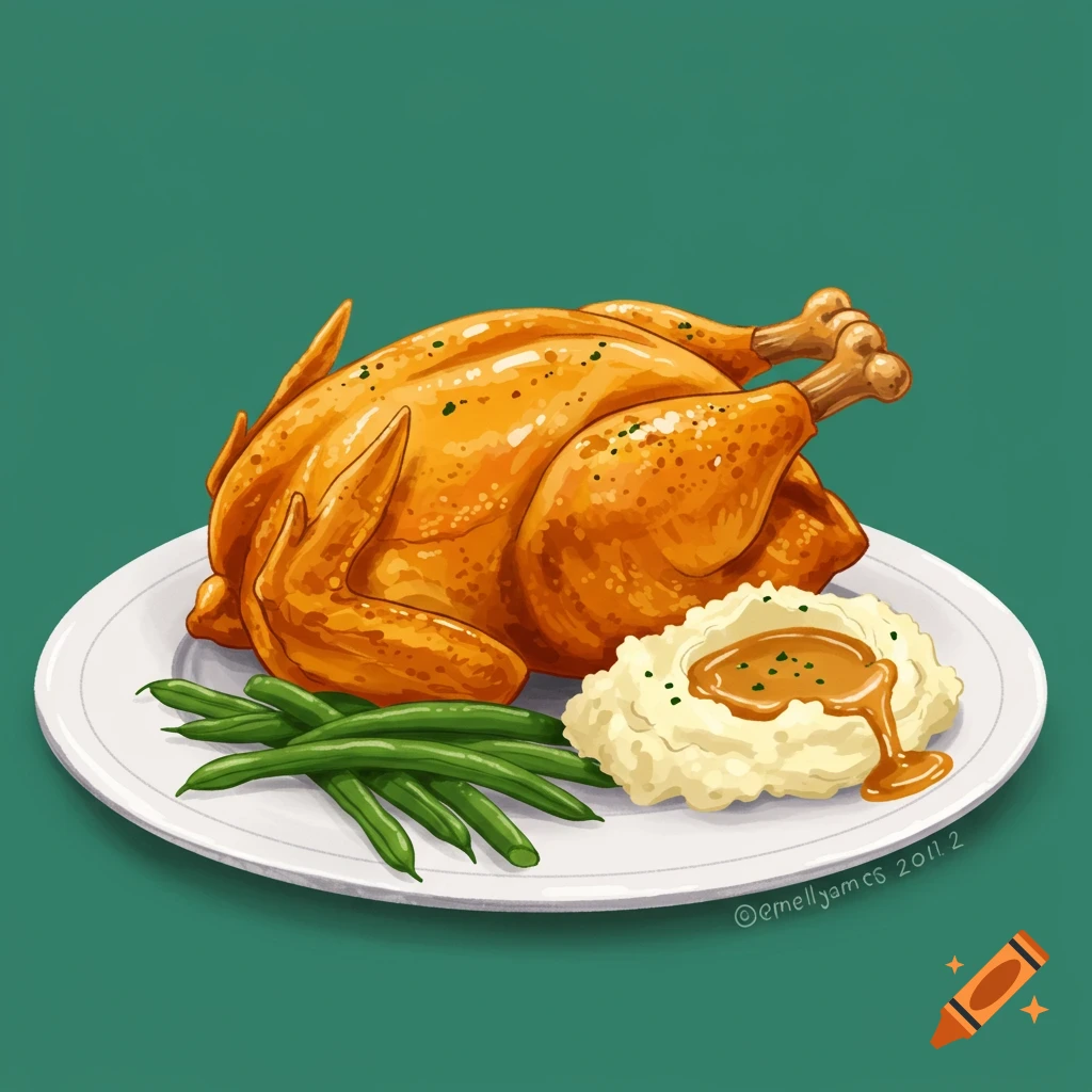 A roasted chicken dinner with mashed potatoes, gravy, and green beans on a white plate.