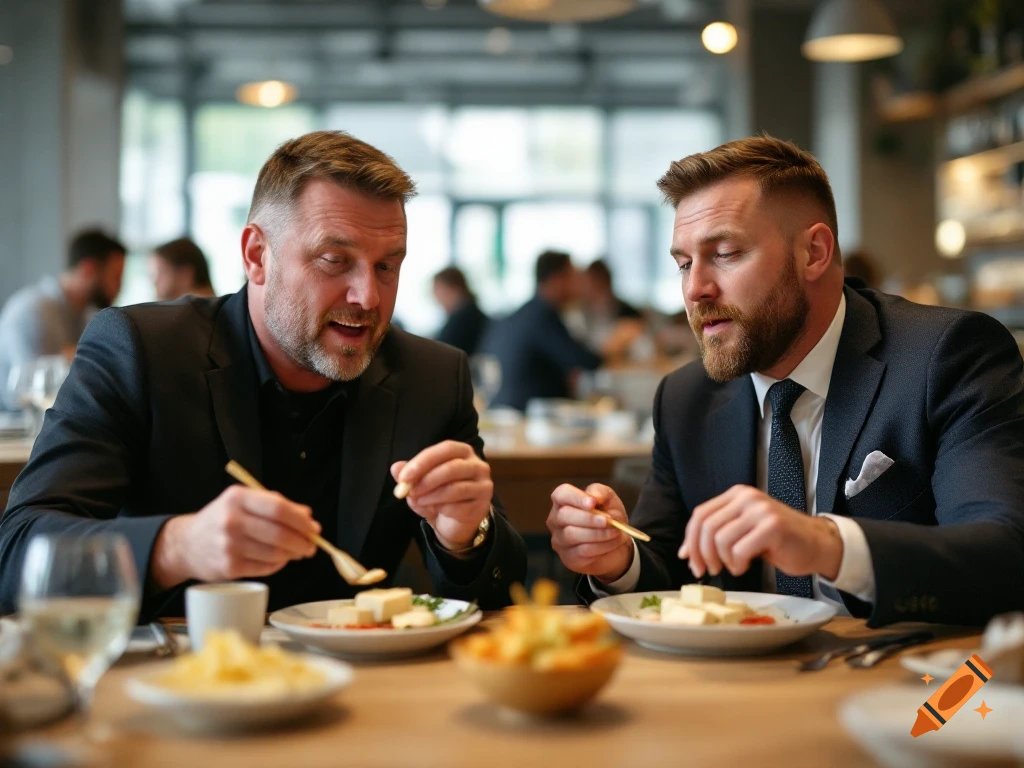 Two men in suits are eating food at a restaurant table.