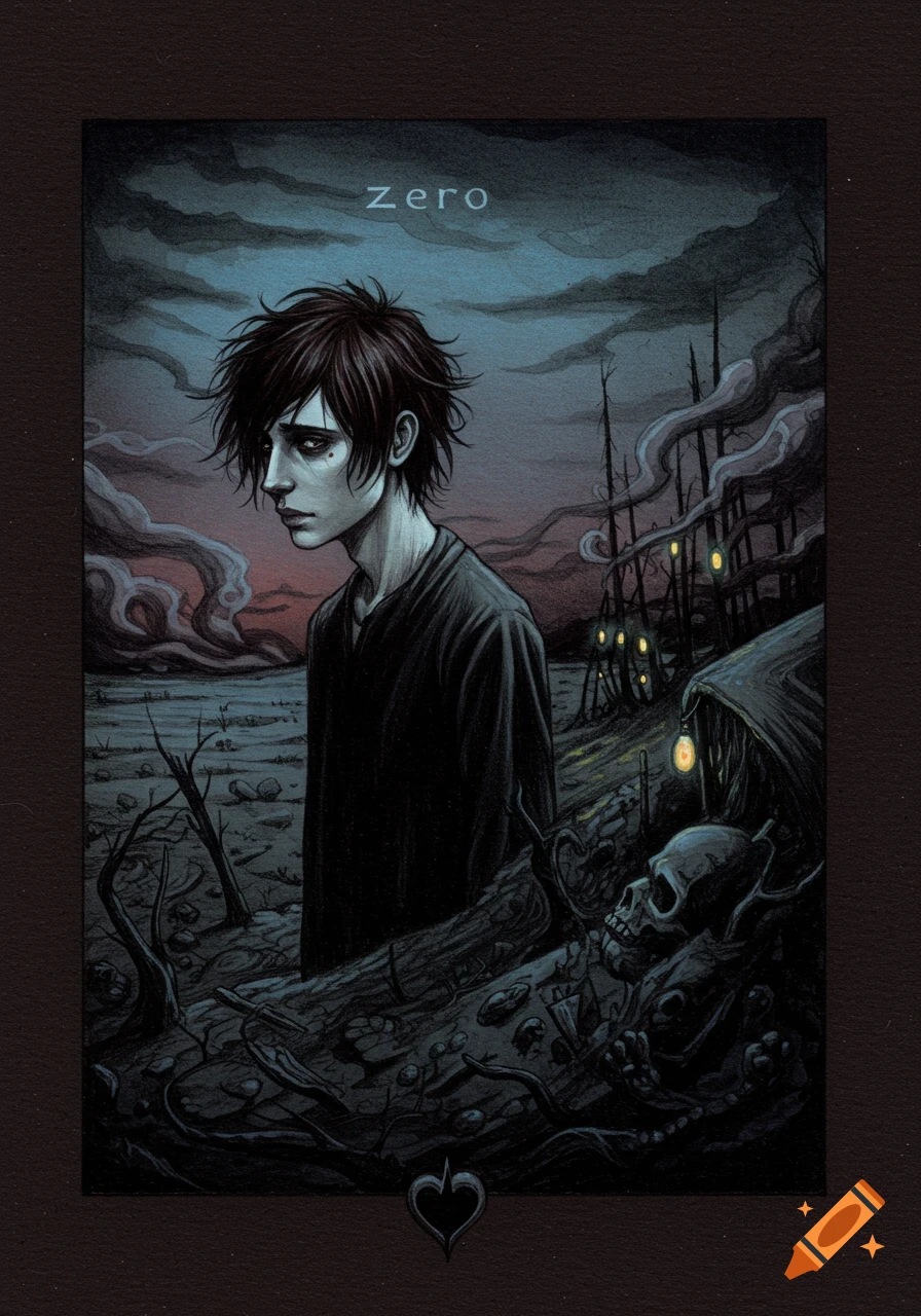 Gothic illustration of a melancholy figure in a desolate landscape with skulls and glowing lights.