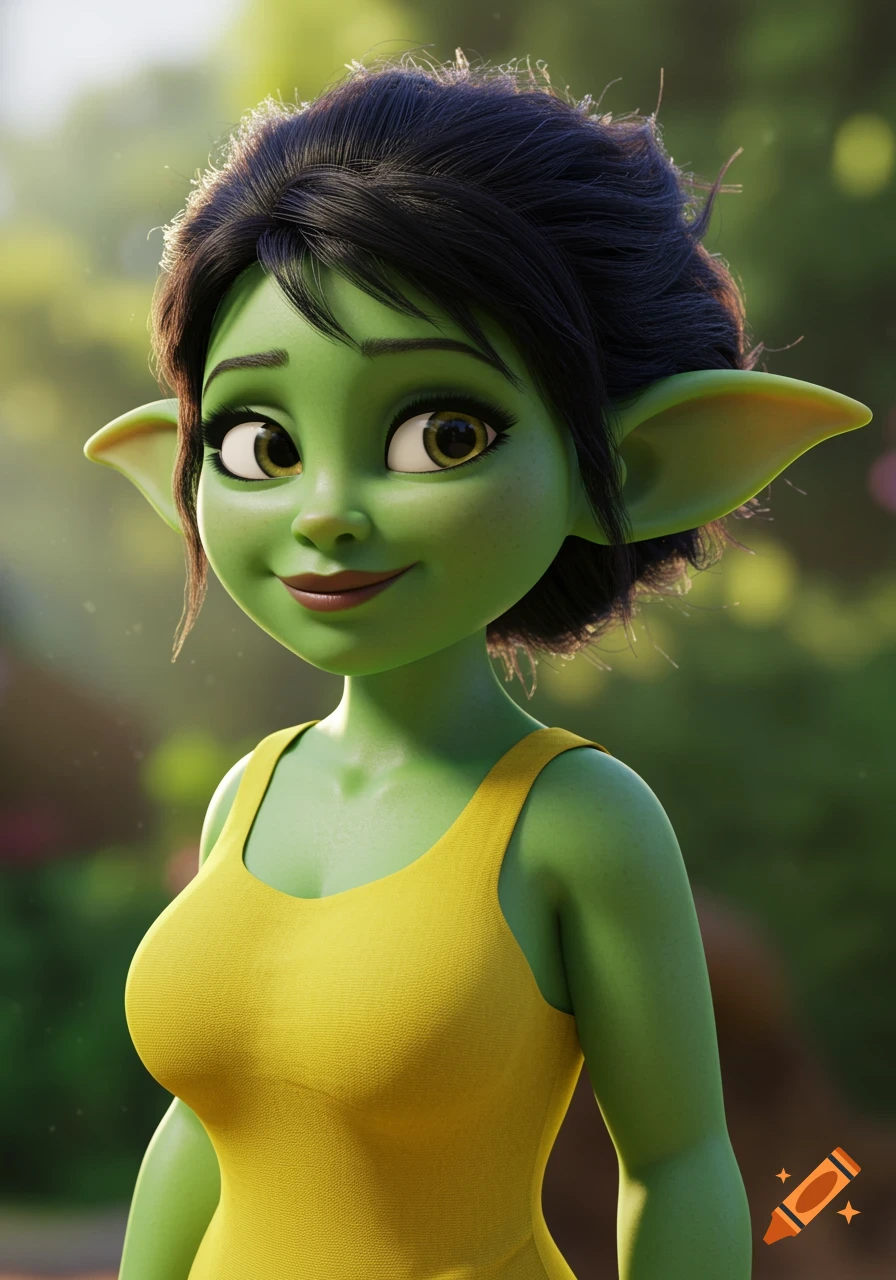 Pixar style portrait of a green-skinned goblin woman smiling in a yellow top outdoors.