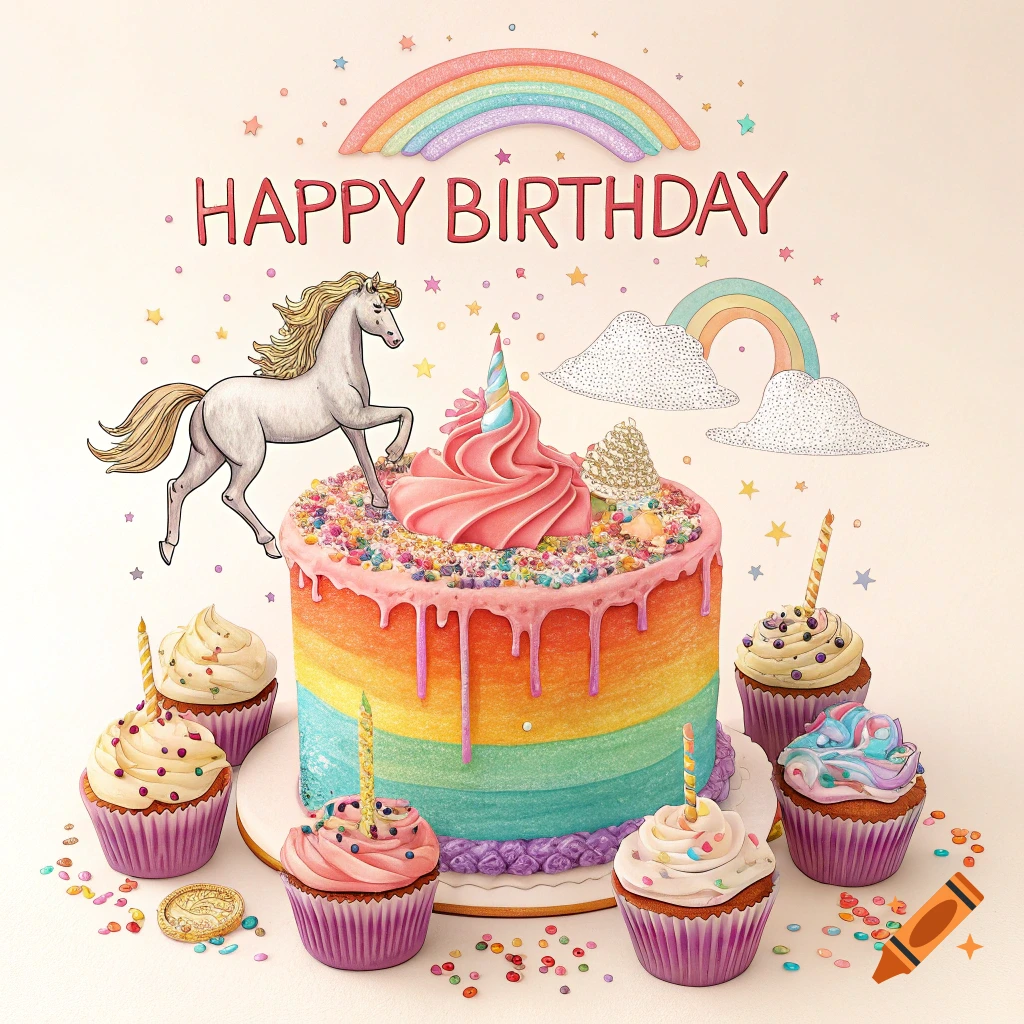 A vibrant rainbow layered birthday cake topped with icing and sprinkles, next to cupcakes, a unicorn, and 'HAPPY BIRTHDAY' text above.
