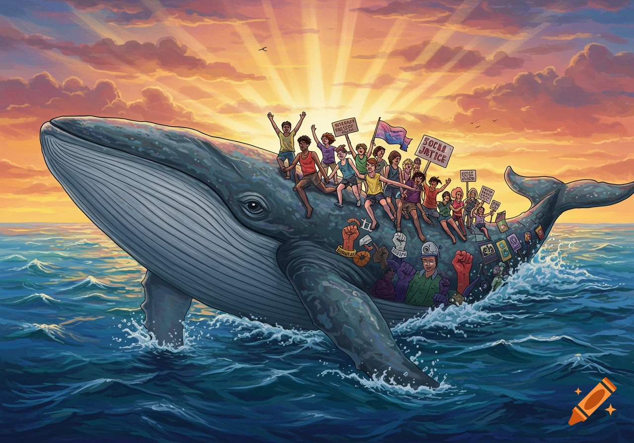 Illustration of a whale carrying people holding social justice signs on the ocean at sunset.