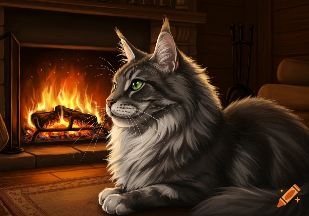 A grey and white Maine Coon cat lies on a rug in front of a roaring fireplace.