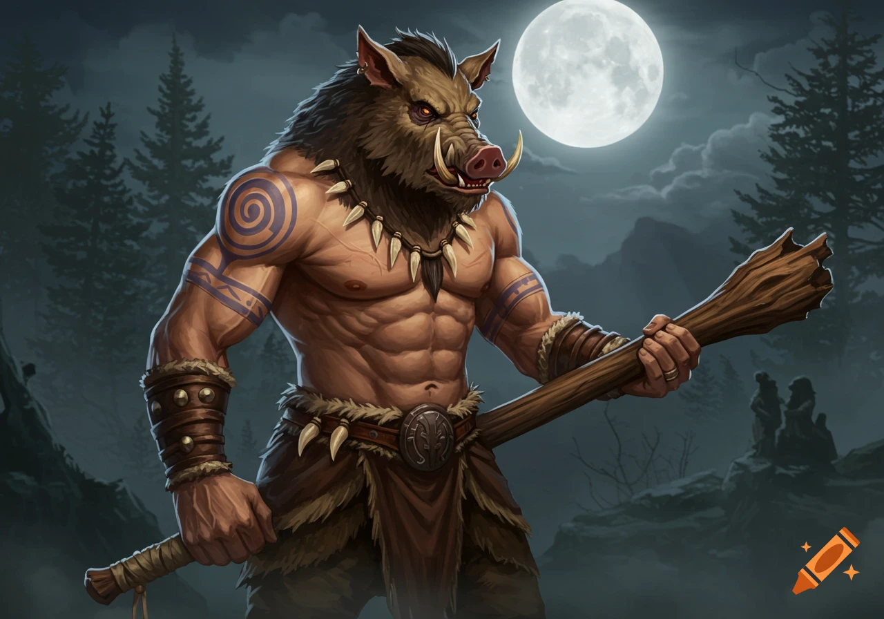 Tribal boar-headed man with blue arm tattoos holds a club under a full moon, digital art.