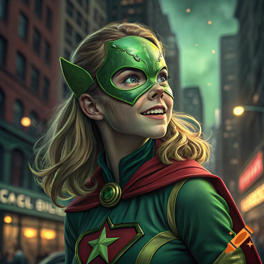 Young woman in a green mask and red cape poses in a city street.