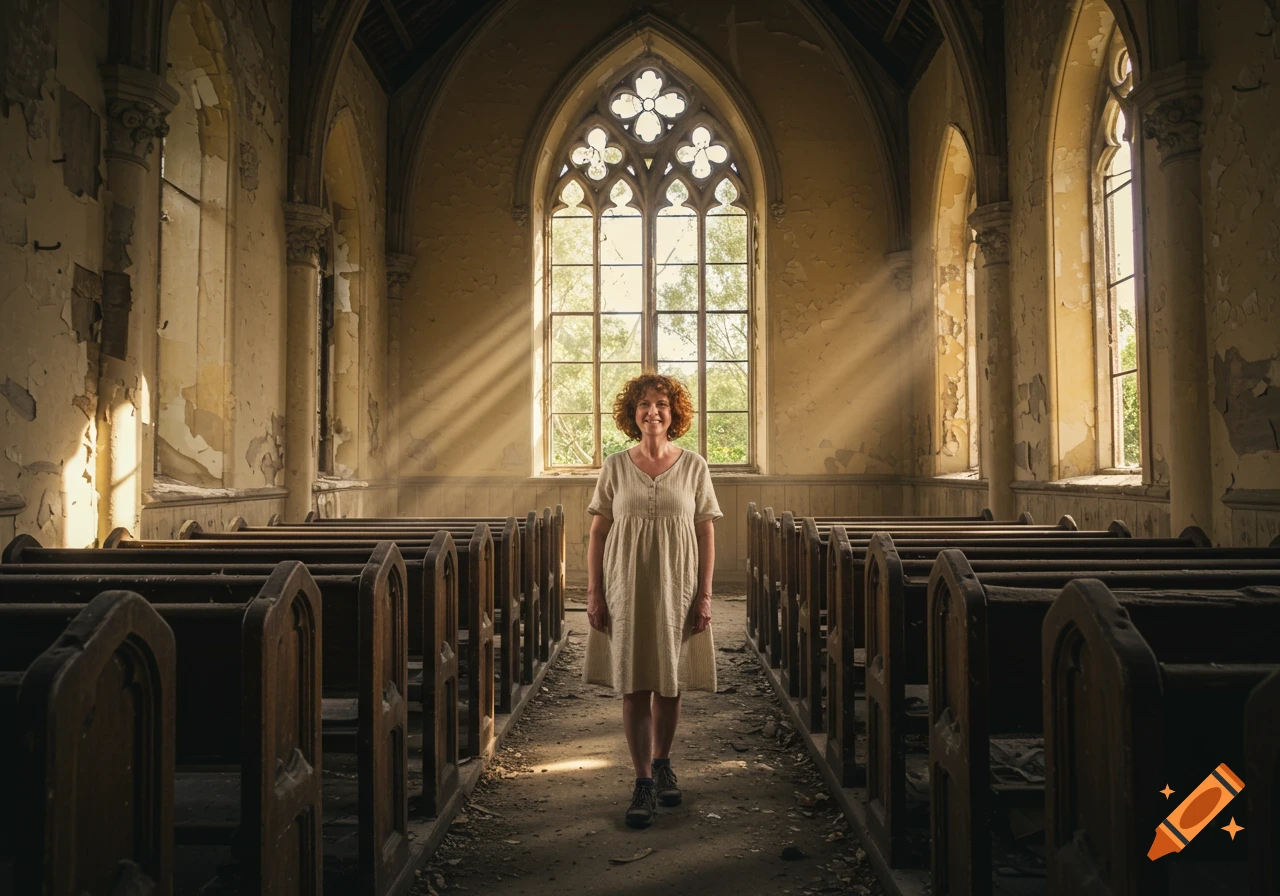 A woman stands in the aisle of an abandoned church with sunlight streaming through a large window.
