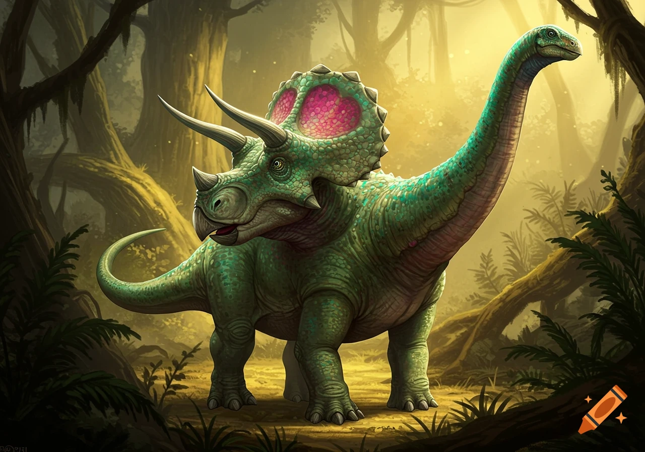 A hybrid dinosaur, a triceratops with a long neck, stands in a lush, sunlit jungle.