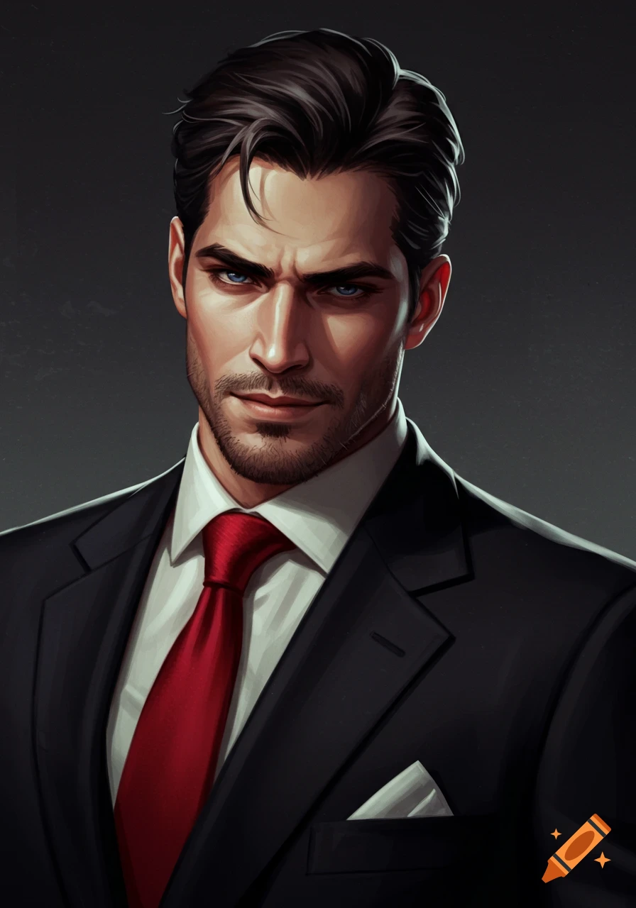 A digital art portrait of a man in a black suit and red tie. on Craiyon