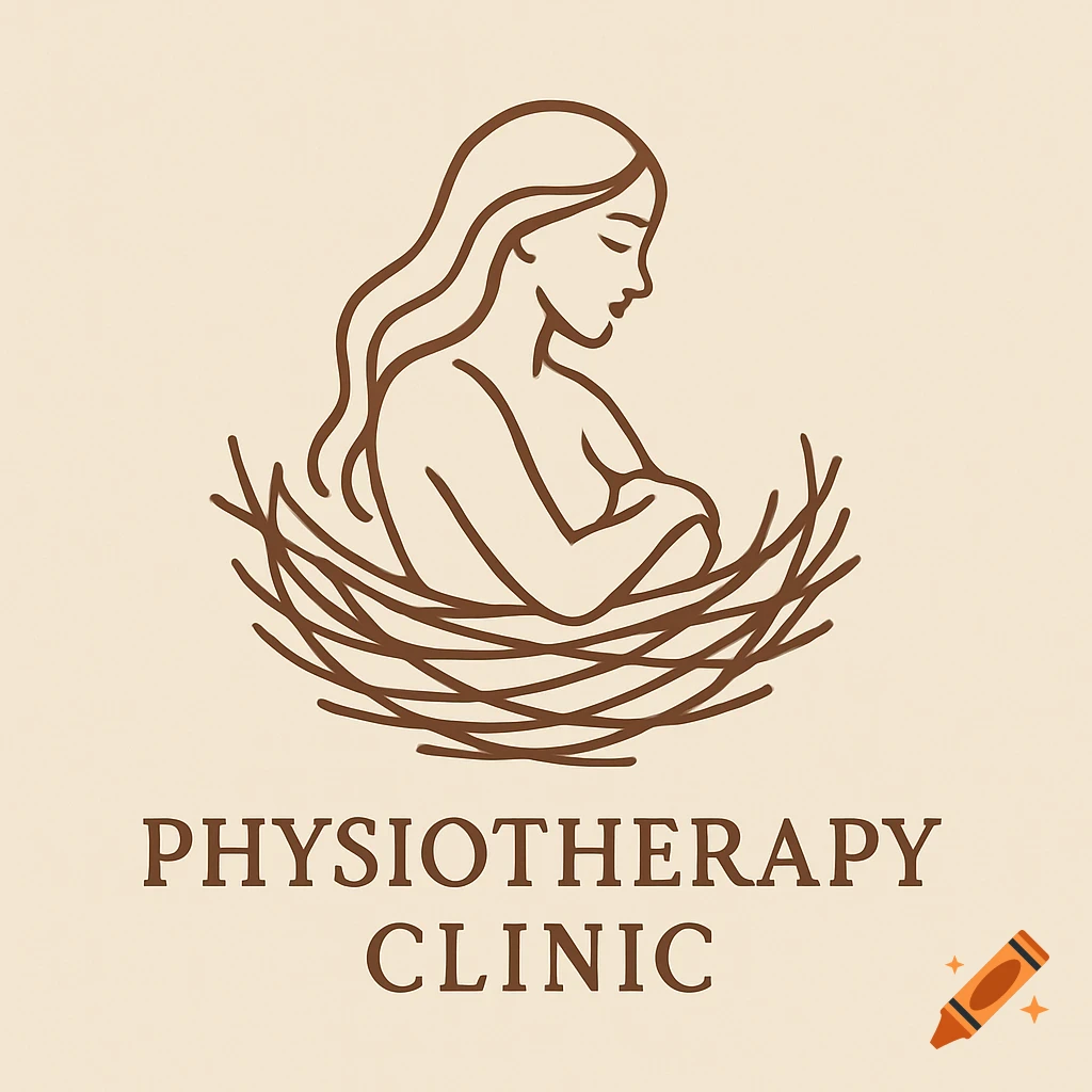 Line art logo featuring a woman nestled in a bird's nest, with the text 'PHYSIOTHERAPY CLINIC' below.
