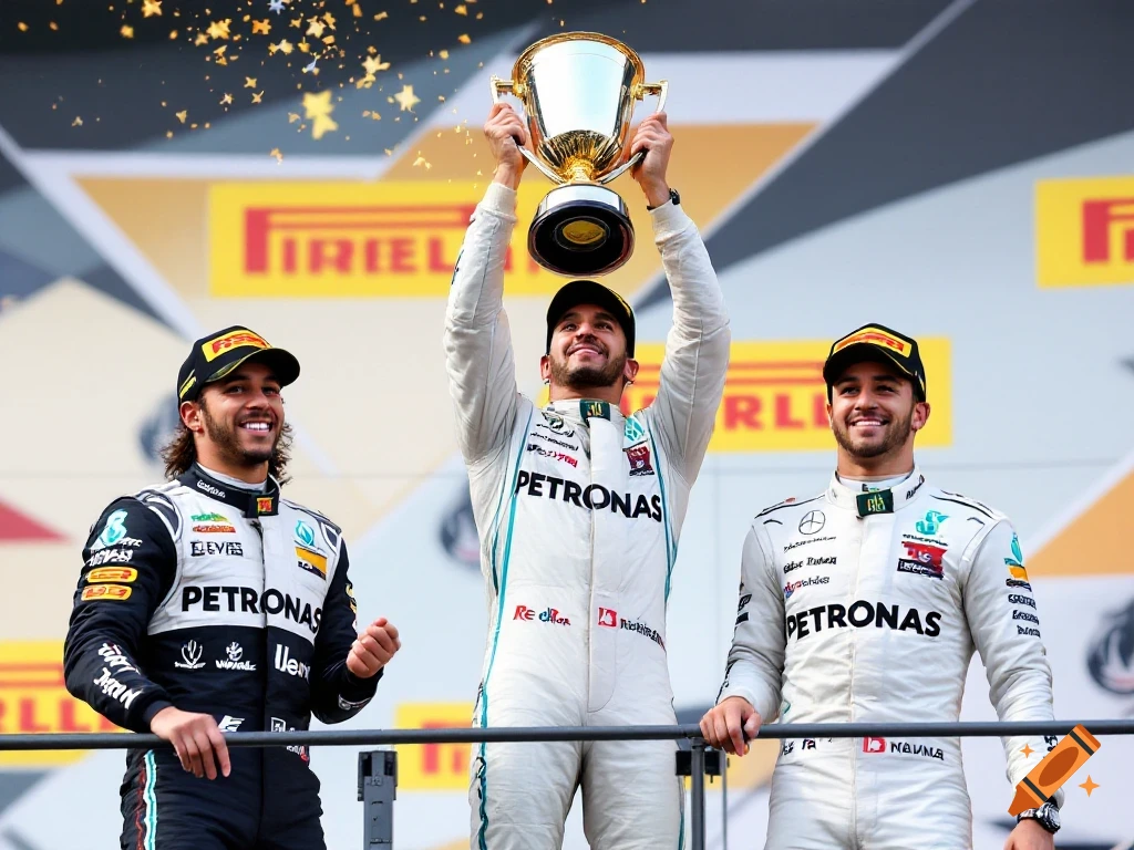 Three motorsport drivers on a podium, one lifting a trophy as confetti falls.
