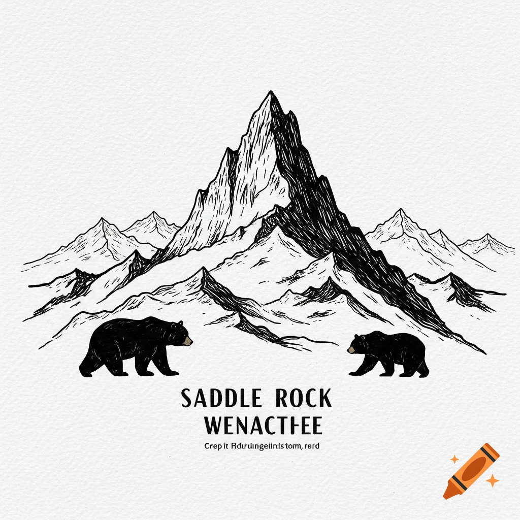 Black line drawing of mountains with two bears and text 'SADDLE ROCK WENACTHEE'.