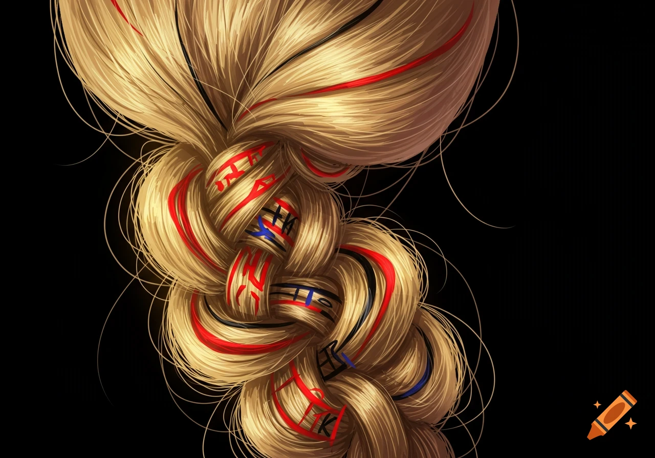 Close-up of a braided blonde ponytail with red and black strands in a stylized rendering.