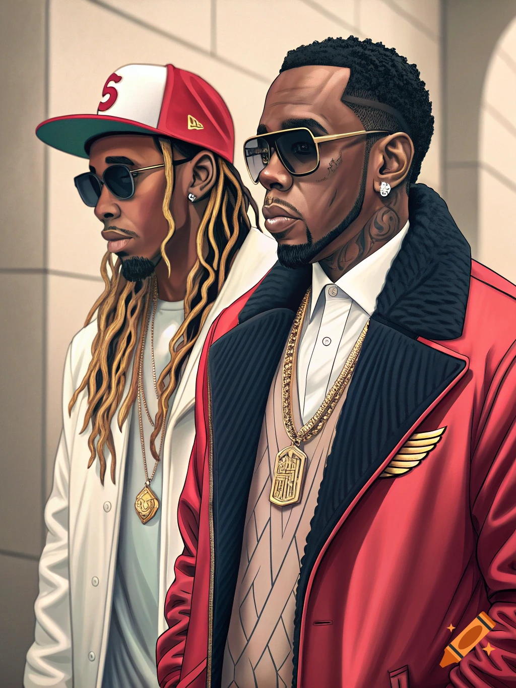 Stylized illustration of two men resembling Diddy and Lil Wayne in sunglasses and chains.