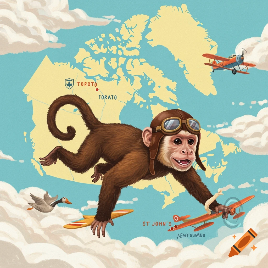 An illustrated monkey in a pilot hat flies over a map of Canada with biplanes and clouds.