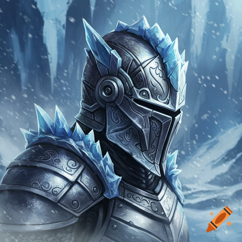 Close-up of a medieval style helmet covered in ice crystals in a snowy landscape, digital painting.