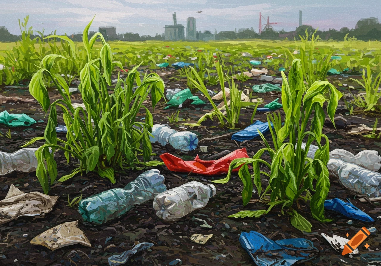 A field of wilting plants littered with plastic bottles and bags, with buildings in the distant background, in a painted style.
