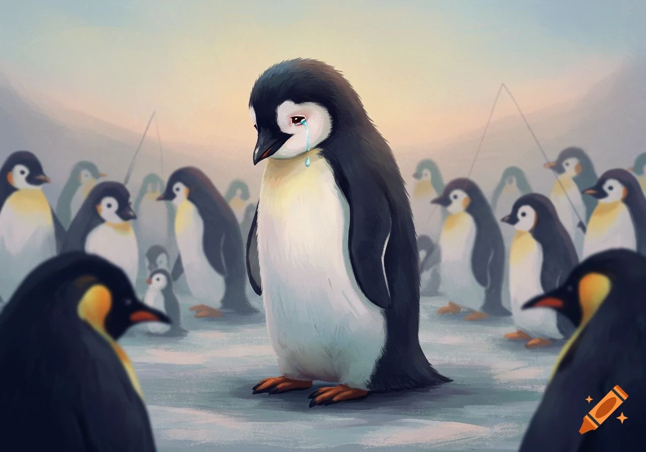 An illustration of a single penguin crying while other penguins stand around, looking away and ignoring it.