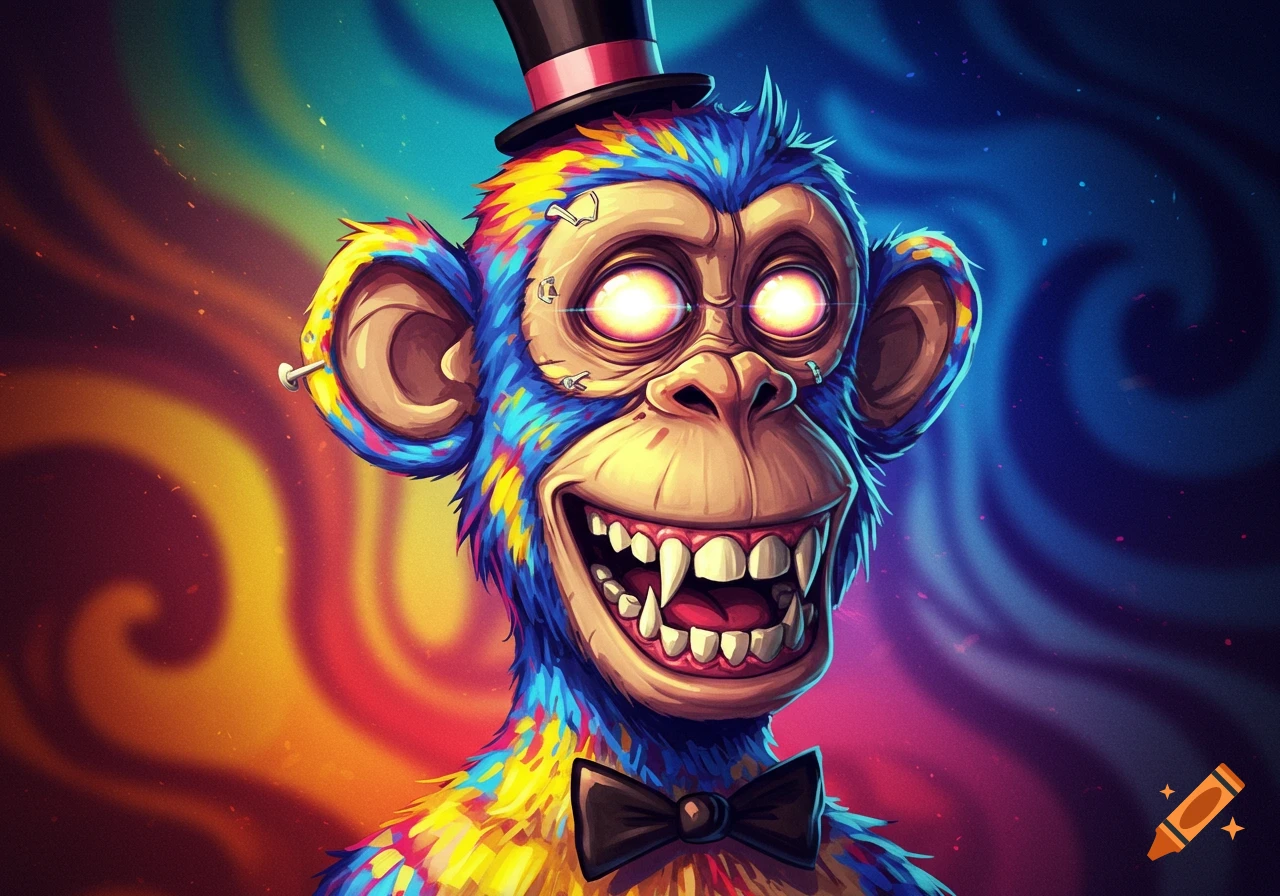 A cartoon monkey in a top hat and bowtie with bright colorful fur, glowing eyes, and sharp teeth. Swirling background.