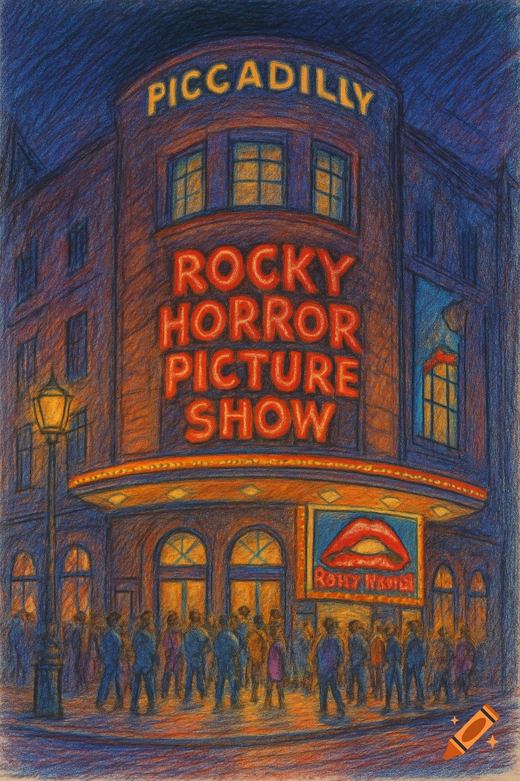 A pencil sketch illustration of the Piccadilly Theatre showing 'Rocky Horror Picture Show' at night with a crowd of people outside.