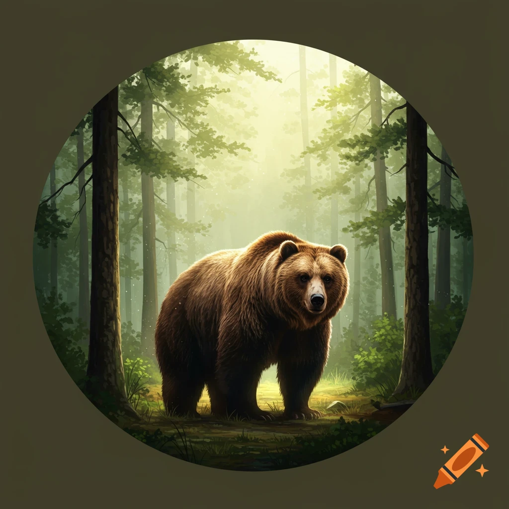 A brown bear stands in a sunny forest clearing, framed in a circle.