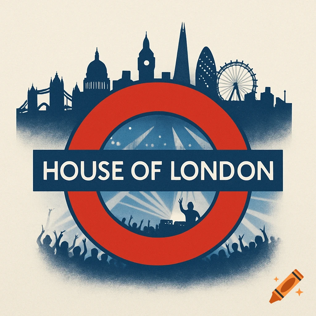Logo for House Of London club with London skyline silhouette, Underground roundel, and crowd.