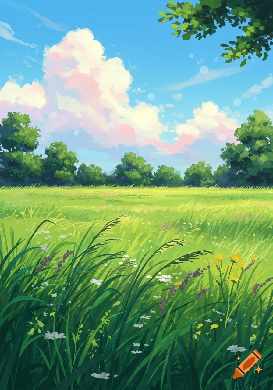 A stylized painting of a lush green field with wildflowers, trees in the background, and a cloudy sky.