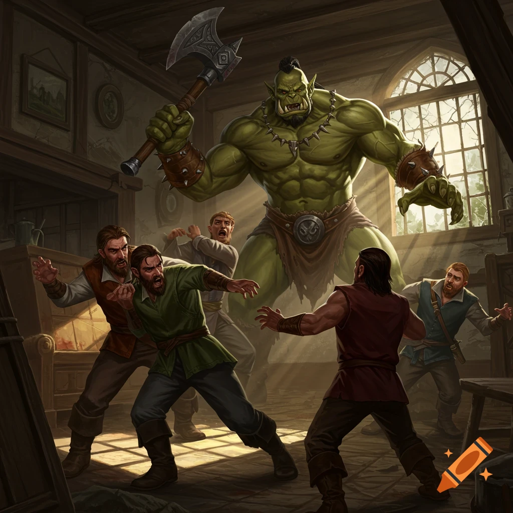 A large green orc with an axe confronts four fearful men in a house, illustrated in a fantasy style.