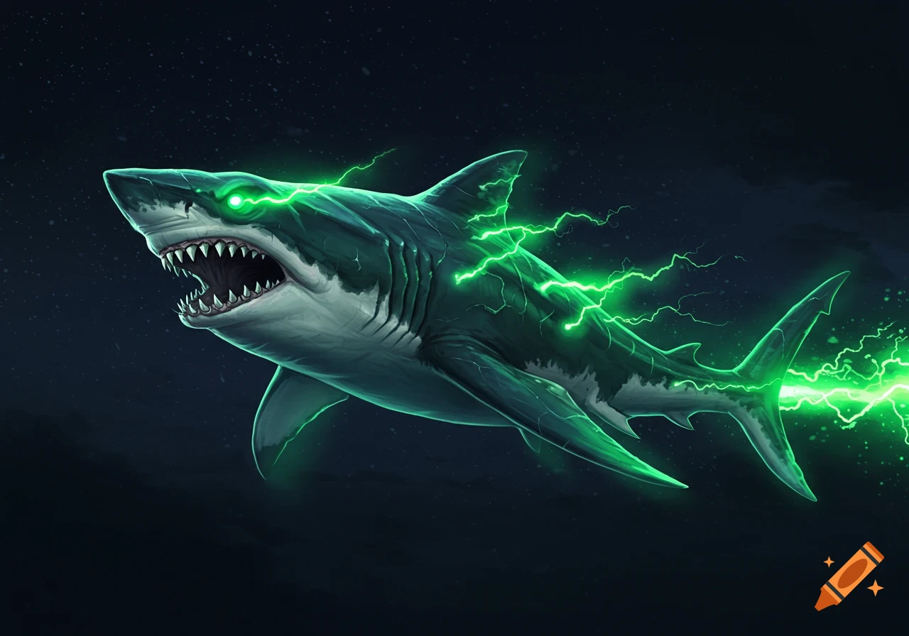 Illustration of a radioactive shark with glowing green lightning