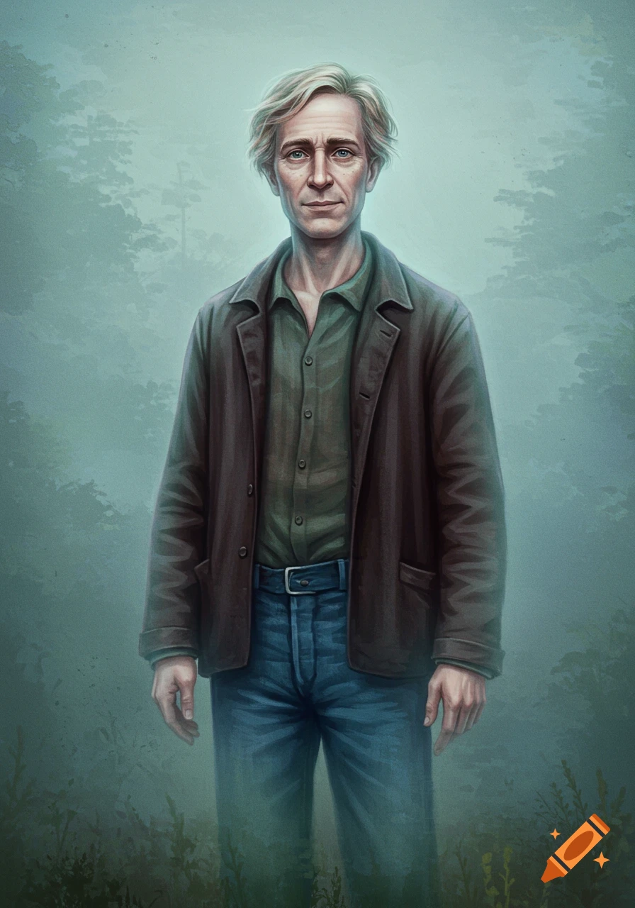 Digital painting of a man in a jacket and jeans against a misty background.