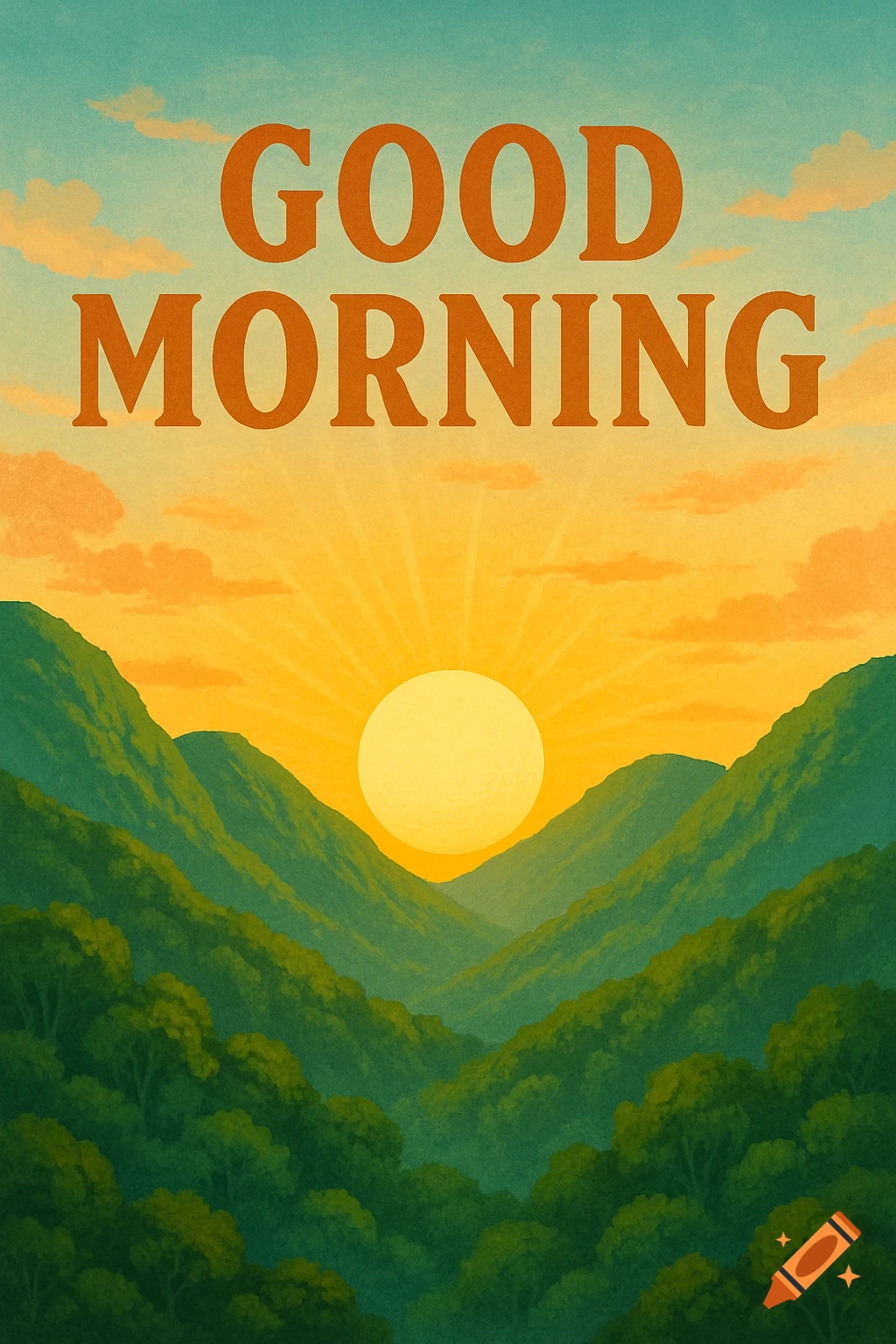 Sunrise over green mountains and forest with "Good Morning" text.