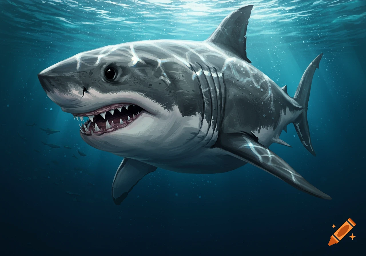 Illustration of a great white shark swimming underwater.