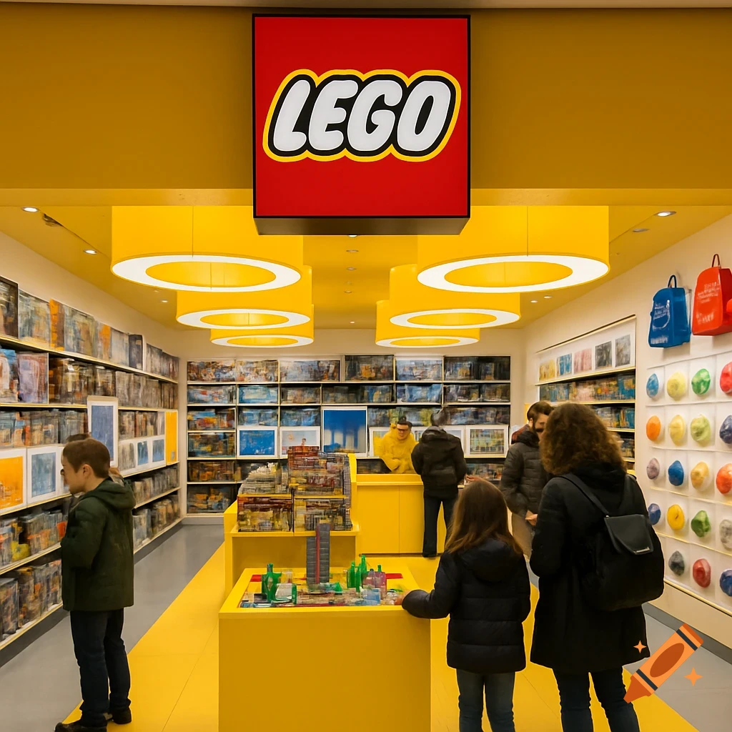 Interior of a busy Lego store with customers browsing aisles and looking at displays, featuring a prominent Lego logo.
