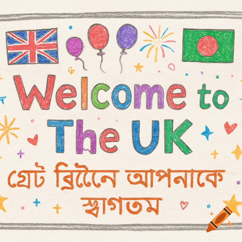 Child-like drawing of a banner with UK and Bangladesh flags and welcome text.