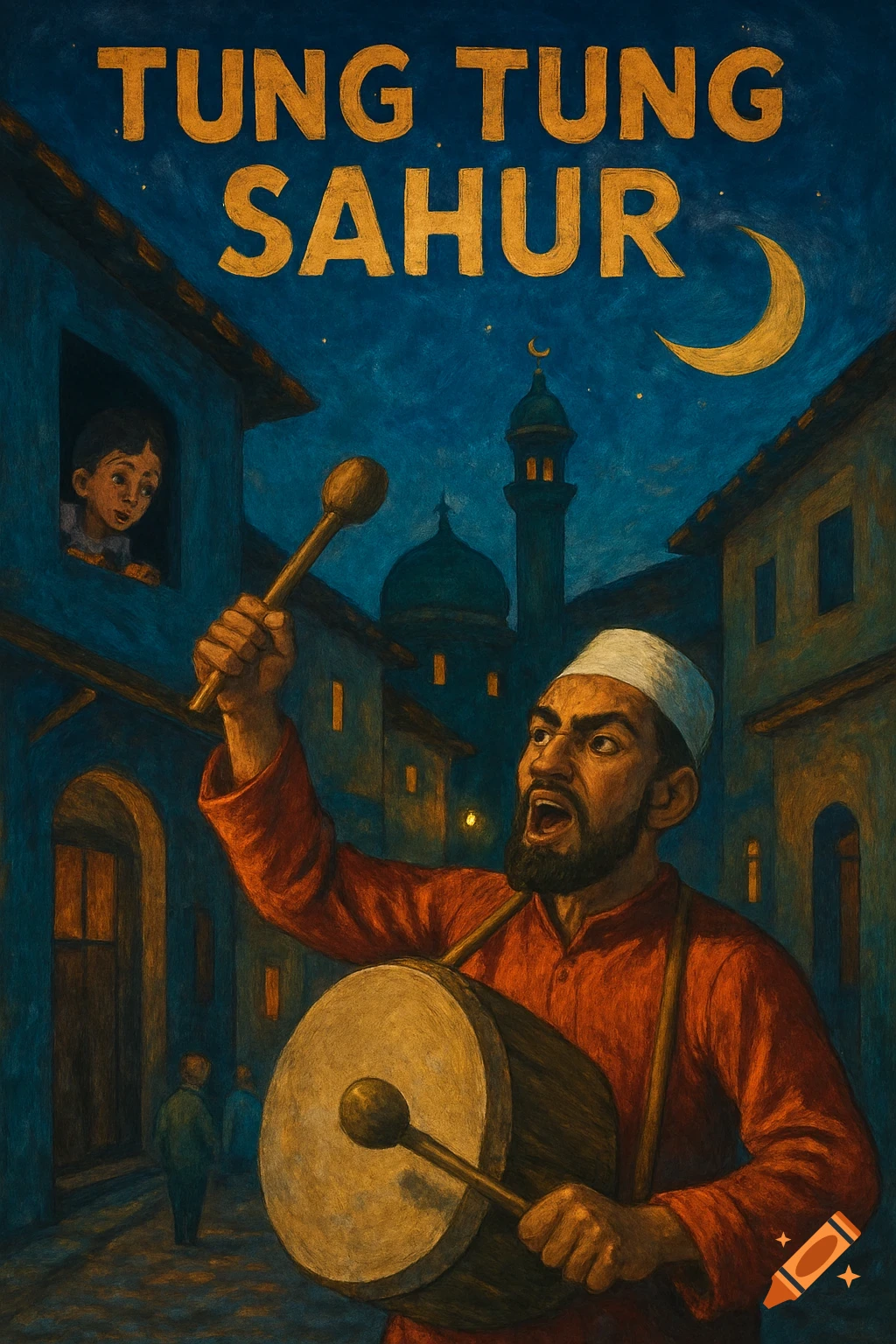 Painting of a man beating a drum in a street at night, with a crescent moon and buildings in the background.