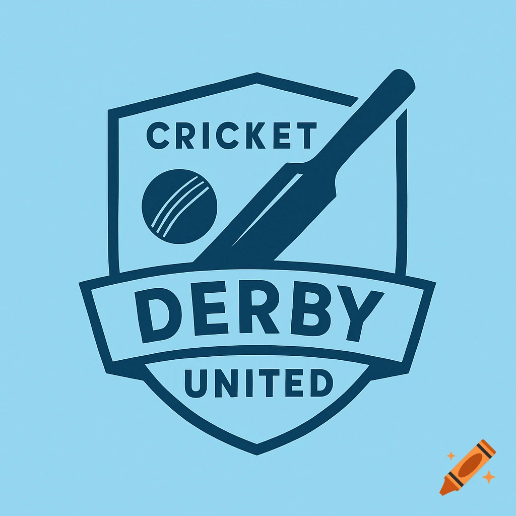 A blue cricket logo in a shield shape with a bat, ball, and the text CRICKET DERBY UNITED.