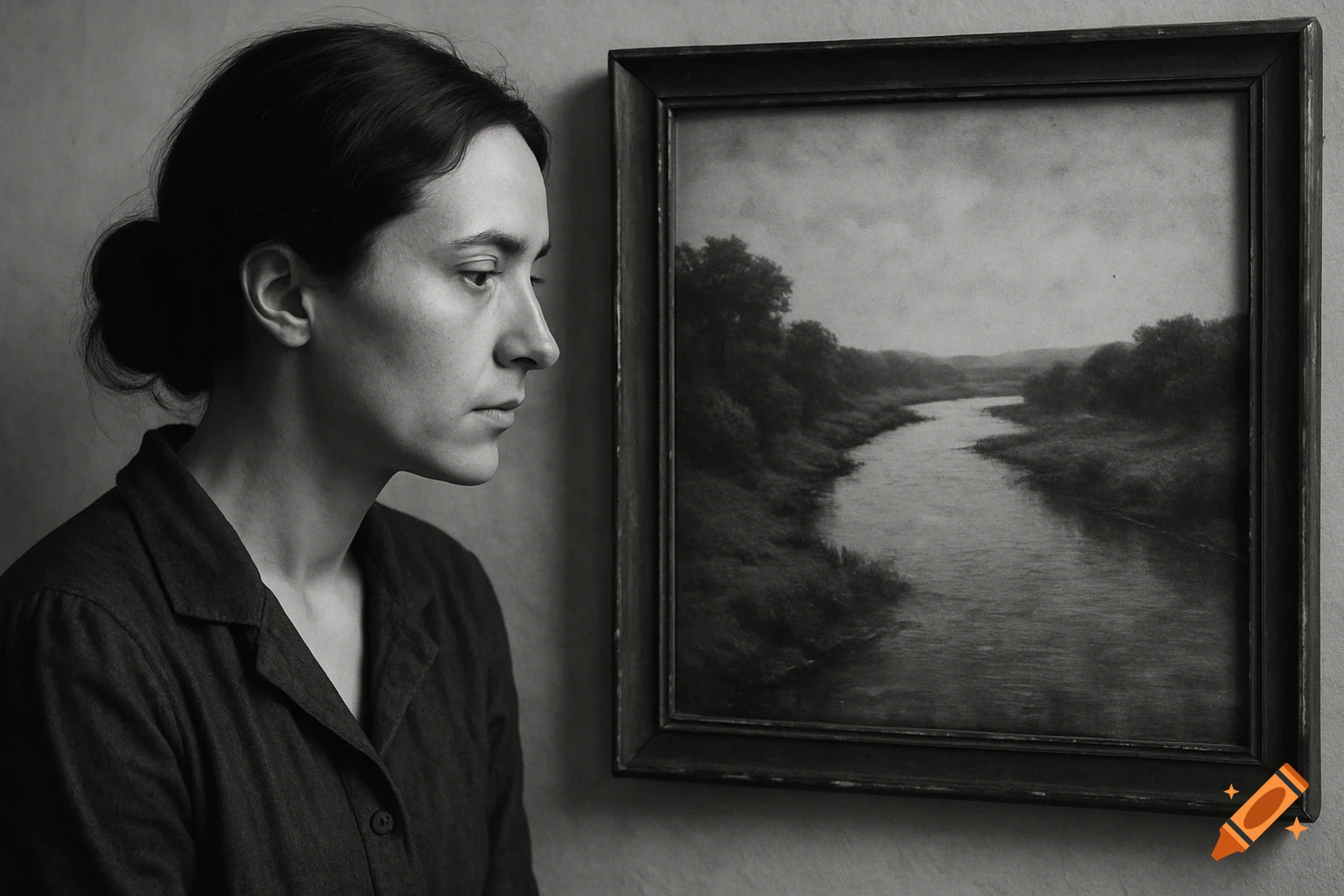 Black and white photo of a woman looking intently at a framed painting of a river winding through a landscape.