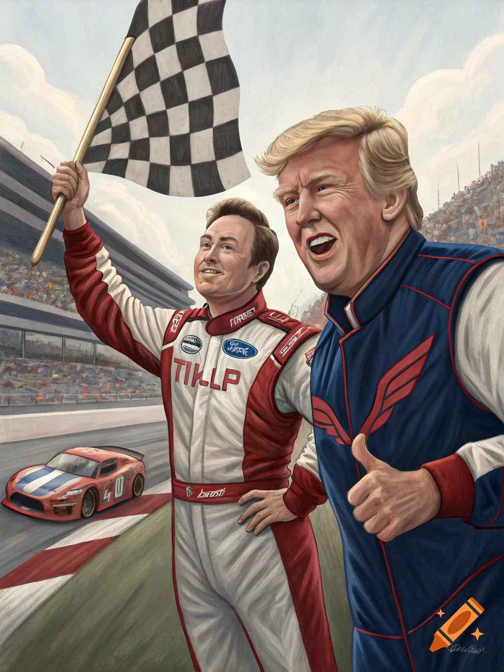 Illustration of Trump and Musk in race suits on a track, one with a checkered flag, the other thumbs up.
