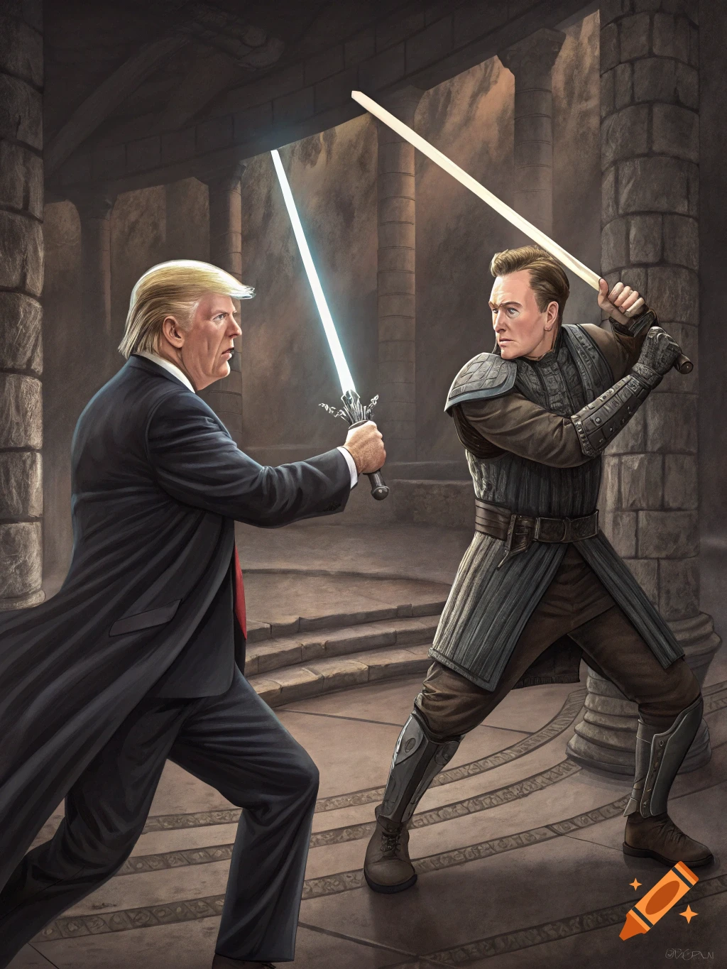 Digital painting of Donald Trump and Elon Musk fighting with glowing swords in a ruined chamber.