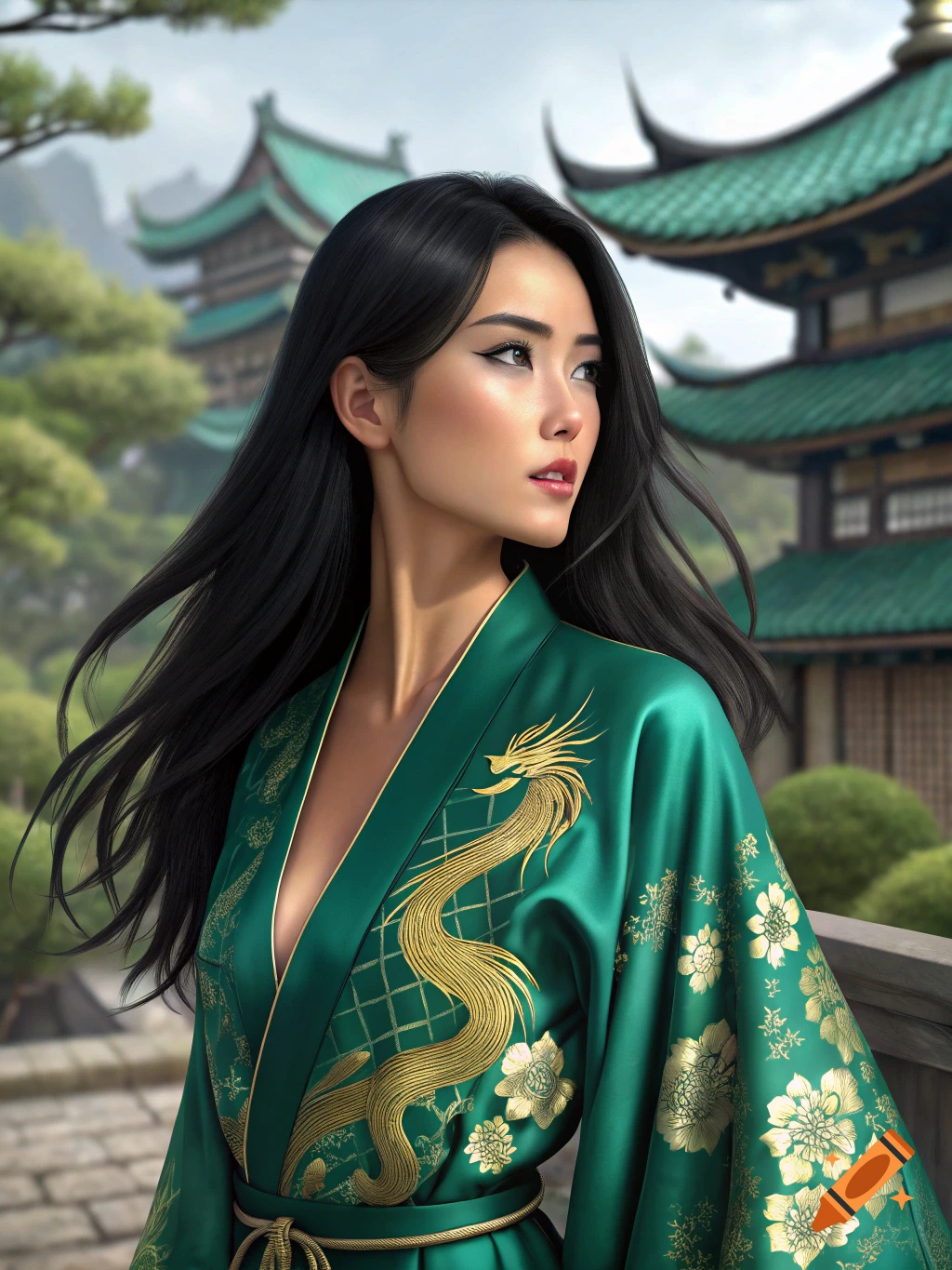 A woman in a green kimono with a golden dragon pattern stands before Japanese architecture.