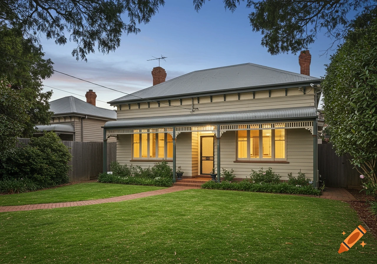 A single-story house with a large lawn and garden in front.