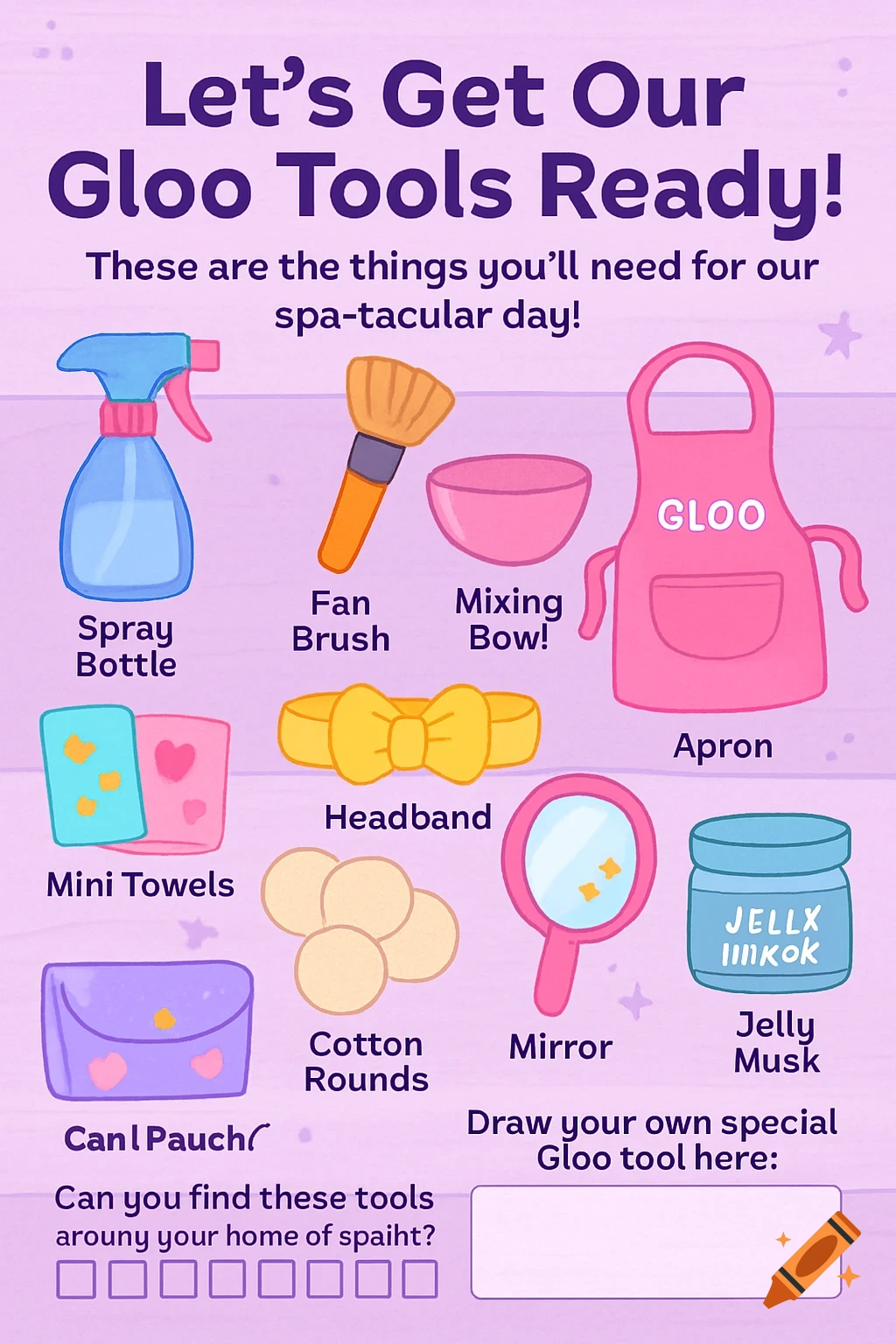 Cartoon illustration of spa tools including a spray bottle, brush, bowl, towels, headband, apron, cotton rounds, mirror, jar, and pouch, with labels and activity text.