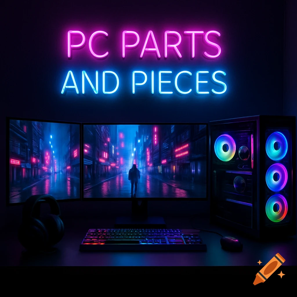 Gaming PC setup with three monitors displaying a neon city scene, keyboard, mouse, headset, and a 'PC PARTS AND PIECES' neon sign.