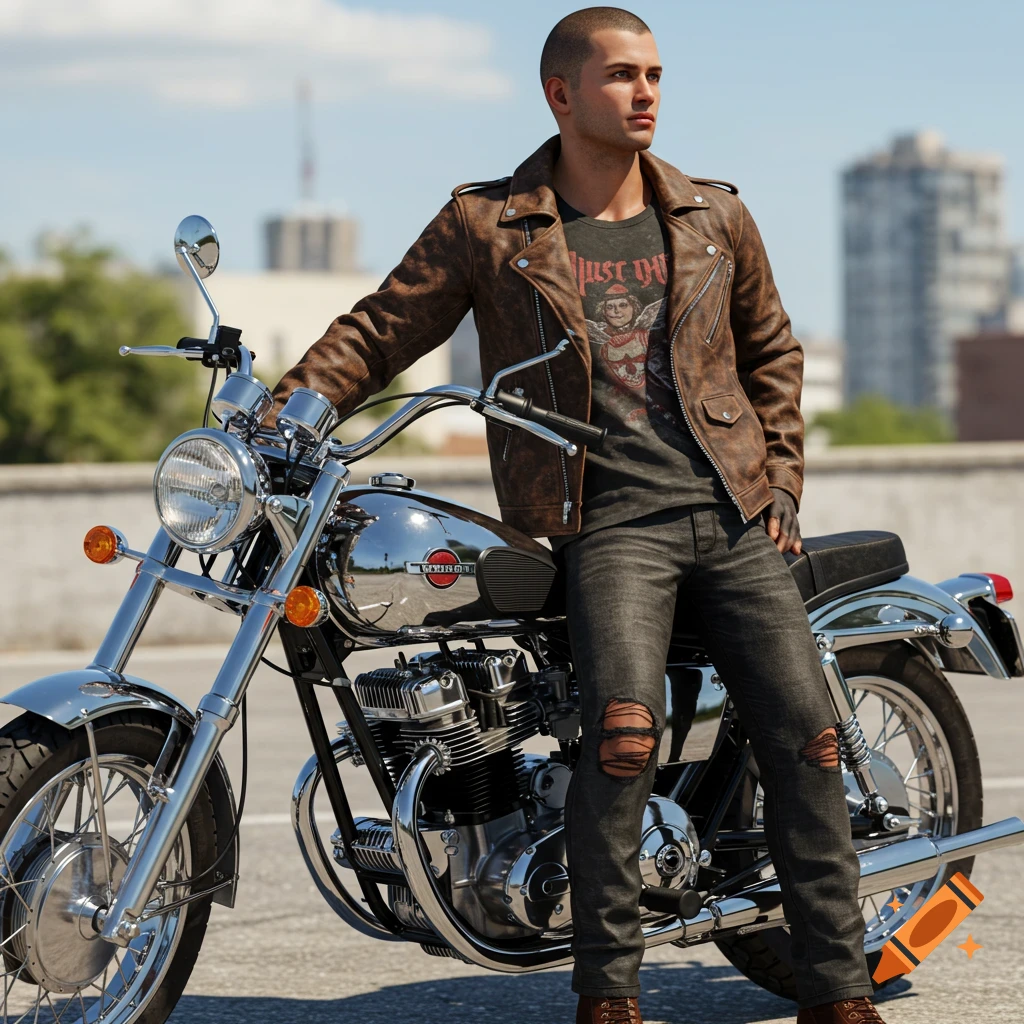 Photorealistic image of a young man in a leather jacket and ripped jeans sitting on a chrome motorcycle.