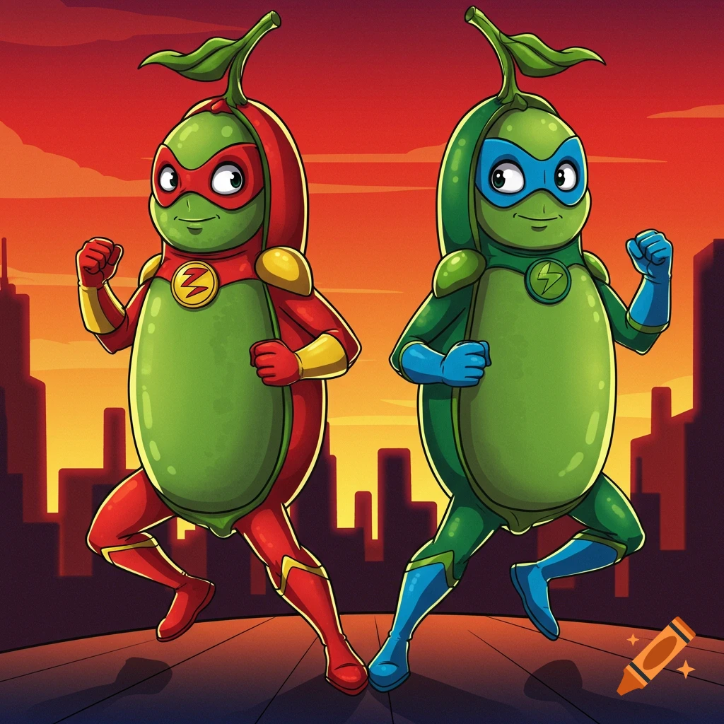 Cartoon image of two pea superheroes, one in red, one in green, running in front of a city skyline at sunset.