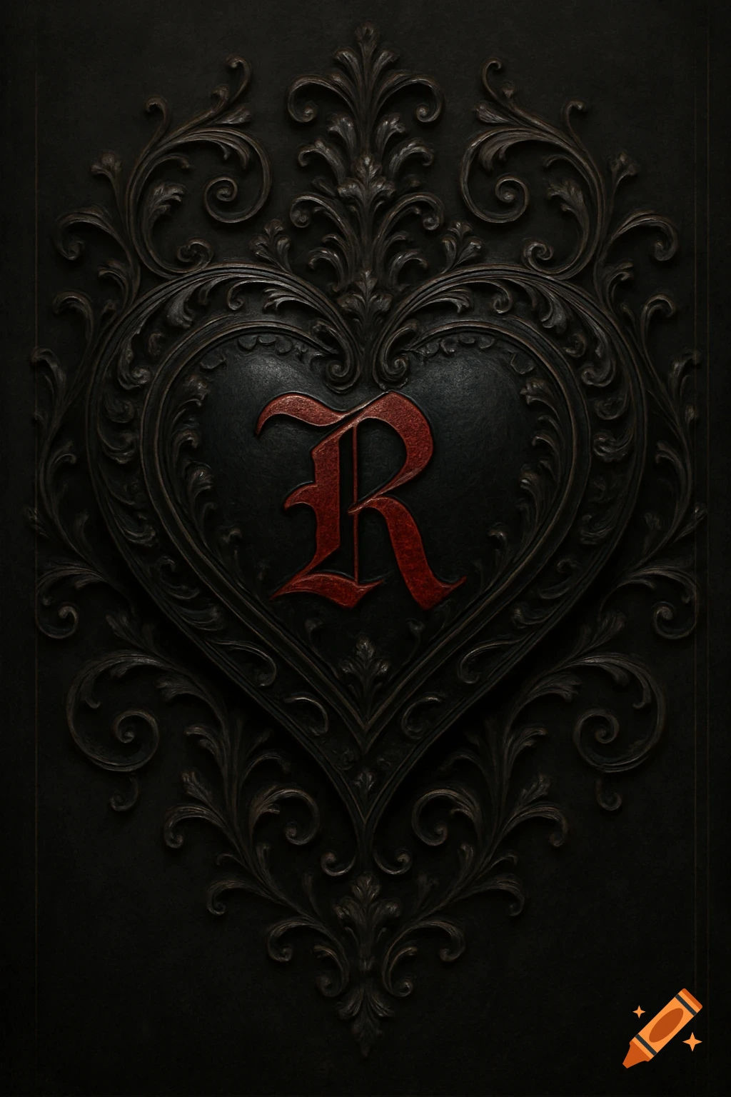 Ornate black gothic heart with a red R inside