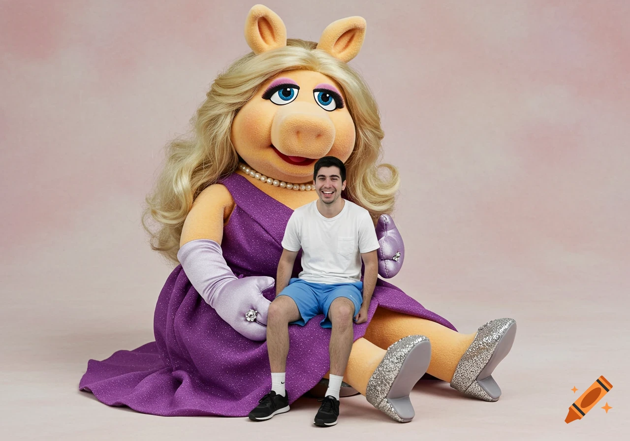 Man sits on a large Miss Piggy puppet's lap. Miss Piggy wears a purple dress and silver shoes. The man wears a white t-shirt and blue shorts.