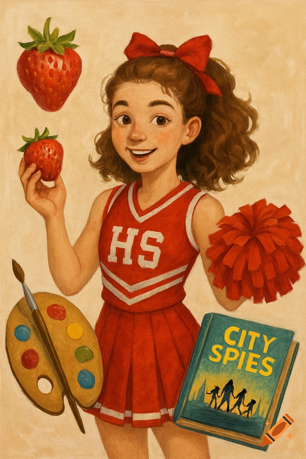 Illustration of a girl in a red cheerleader uniform holding a strawberry, with an art palette and a book titled 'CITY SPIES'.