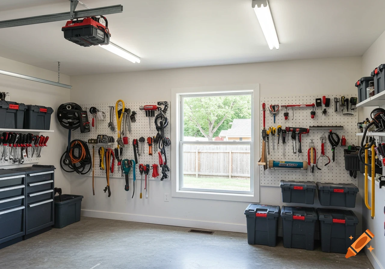 A clean and well-organized garage interior with tools hanging on pegboards, storage bins, and cabinets.